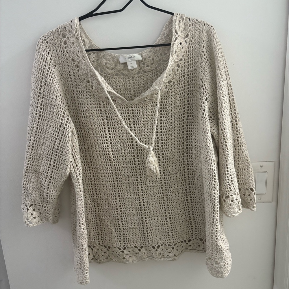 CJ Banks Cream Crochet Knit Top